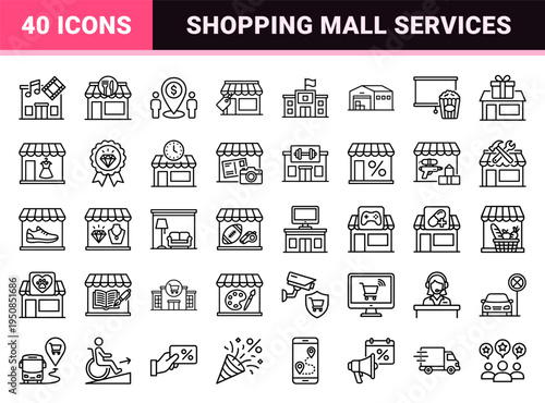 Commercial Retail and Shopping Mall Infrastructure Monoline Symbols featuring Storefronts, Logistics, and Customer Service Line Art Style.