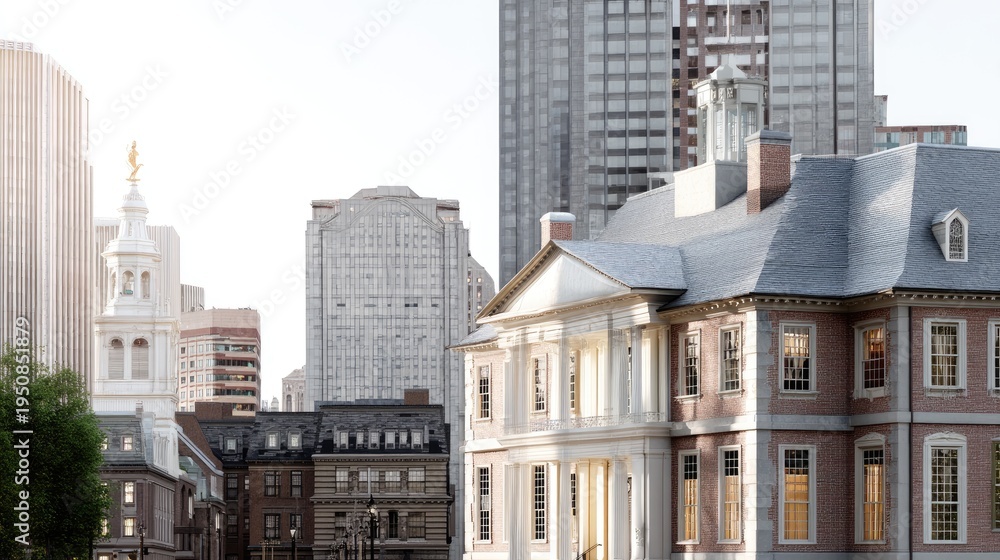 Fototapeta premium Urban Skyline with Historic Building and Modern Architecture in City Center at Sunset
