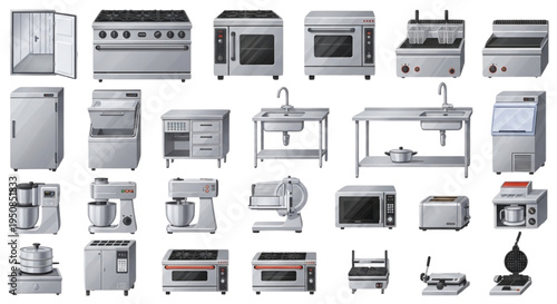 Commercial Kitchen Equipment Vector Set – Stainless Steel Restaurant Appliances and Professional Catering Tools Collection