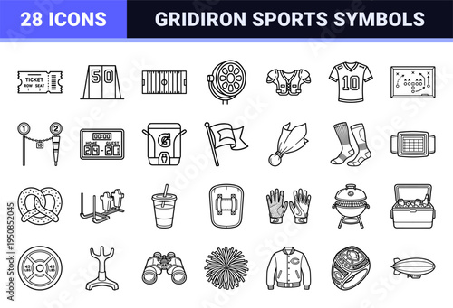 American Football Monoline Technical Asset Grid featuring Gridiron Sports Equipment and Game Day Symbols in Minimalist Black and White Style