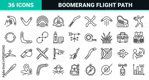 Aerodynamic Boomerang and Outdoor Throwing Sport Symbols Featuring Minimalist Monoline Outlines for Technical Design and Recreational Activity.