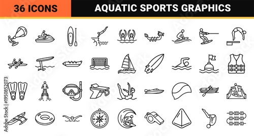 Professional Water Sports and Aquatic Athletics Line Art Symbols Featuring Competitive Swimming Sailing Surfing and Maritime Recreation UI Elements