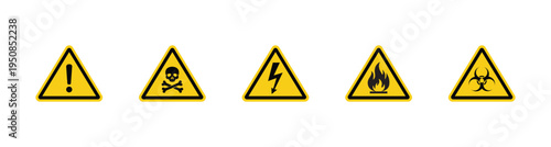 Warning triangular caution sign shapes with danger symbols. Hazard flammable electrical high voltage biohazard skull and bone icons. Safety warning signs collection vector design