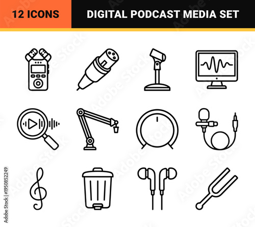 Professional Audio and Podcasting Equipment Symbols in Technical Monoline Aesthetic for High-End Digital Interface Design and Sound Editing.