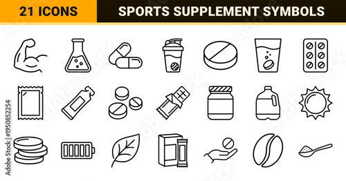 Sports Nutrition and Fitness Supplement Outline Symbols for Clean Commercial Design Featuring Professional Monoline Aesthetic and High Legibility