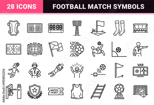 Professional Football Equipment and Soccer Match Elements Monoline Outline Symbols for Technical Sports App Interface Design and Athletic Branding.
