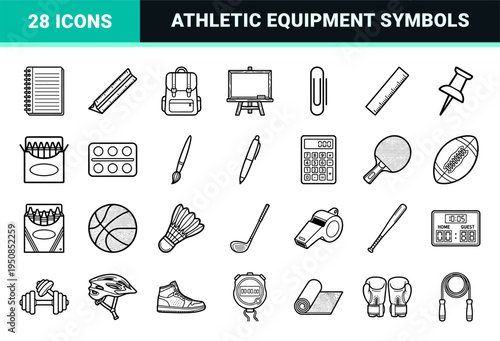 Monoline Education and Athletic Equipment Symbols Featuring Minimalist Linear Stationery and Sports Gear for Professional Academic Interface Design