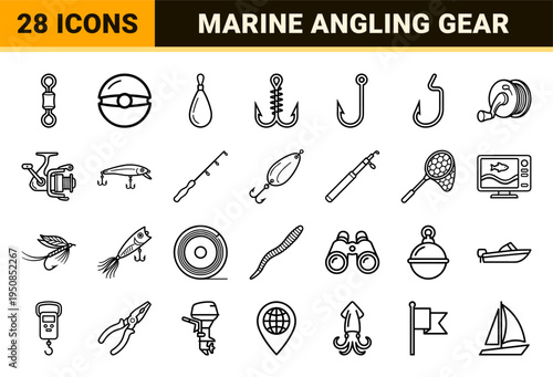 Marine Angling and Technical Fishing Gear Monoline Symbols featuring Minimalist Tackle Equipment and Nautical Navigation Outlines