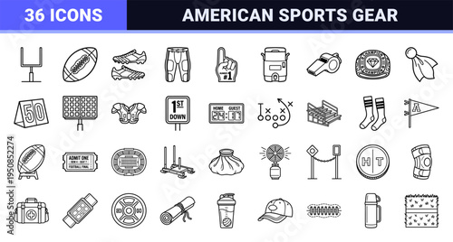 American Football Equipment Technical Monoline Symbols. Minimalist Grid-Based Sports Gear Outlines for Professional Athletic Branding and UI.
