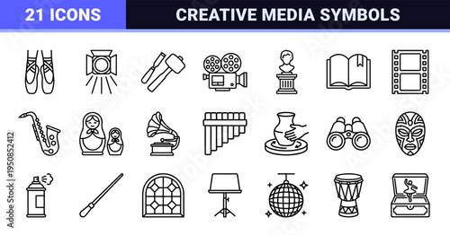 Arts Culture and Multimedia Entertainment Monoline Symbols Niche Aesthetic Graphic Asset Grid for Creative Content Design and Editorial Use