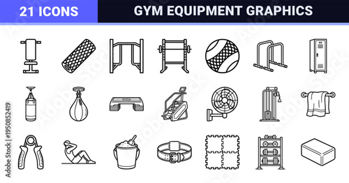 Gym Equipment and Fitness Activity Monoline Symbols. Minimalist Workout Outlines for Health Tracking Apps and Commercial Wellness Design.