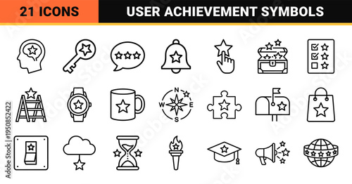Achievement and Ranking System Line Icons for User Interface Feedback featuring Technical Monoline Symbols and Minimalist Recognition Graphics.