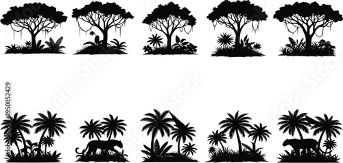 Set of black tropical jungle silhouettes featuring palm trees, banyan trees, and wild big cats for nature design projects
