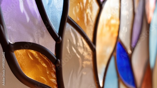 Colorful Stained Glass Panel with Intricate Leaf Design Capturing Light and Texture in a Warm Environment