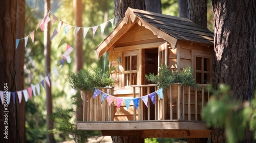 Charming wooden tree house with colorful bunting and lush greenery in a serene forest setting during bright daylight