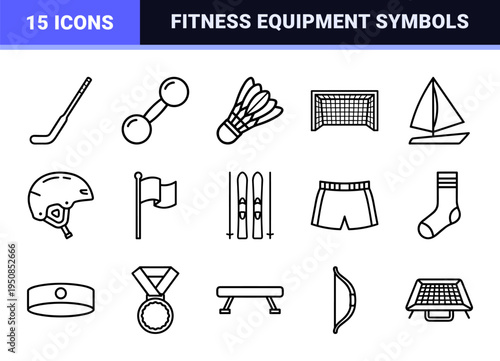 Professional Athletic Competition and Fitness Equipment Symbols Featuring Minimalist Monoline Geometry for Technical Sports Interface Design
