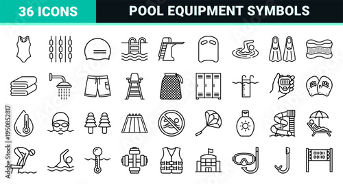 Professional Swimming and Aquatic Sports Outline Icons Featuring Minimalist Monoline Equipment Symbols for Competition Training and Pool Signage