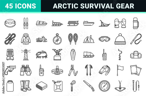 Arctic Expedition Equipment and Winter Sled Line Icons for Technical Design, Monoline Outdoor Survival Symbols for Snow and Ice Transportation