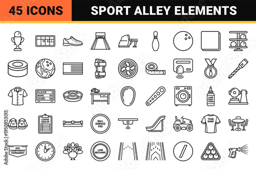 Professional Ten-Pin Bowling Niche Linear Symbols for Sport Branding and Alley Infrastructure Management Featuring Minimalist Monoline Outlines