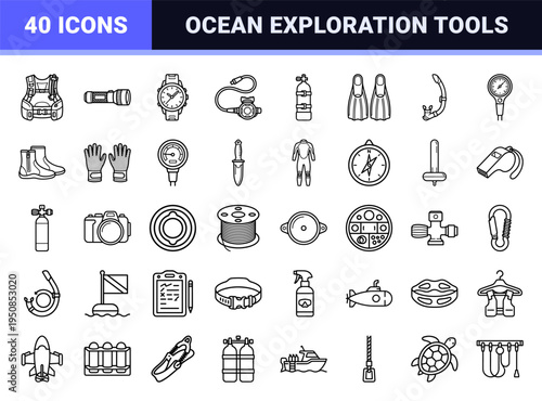 Underwater Exploration Monoline Symbols featuring Scuba Gear and Marine Equipment in a Technical Minimalist Aesthetic for Professional Design.