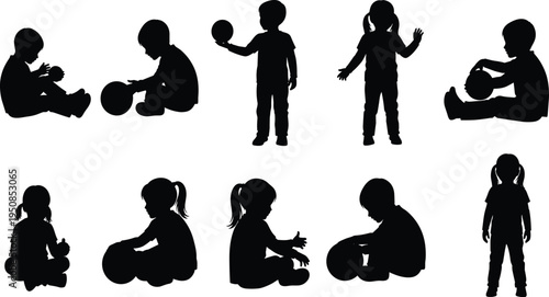 Set of Children Playing With Ball Silhouettes Including Toddler Boys and Girls Sitting Standing and Holding Toys for Minimalist Graphic Design Projects