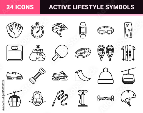Outdoor Recreation and Fitness Equipment Monoline Symbols for Sports Lifestyle and Urban Mobility Design Projects Featuring Sleek Outline Aesthetic