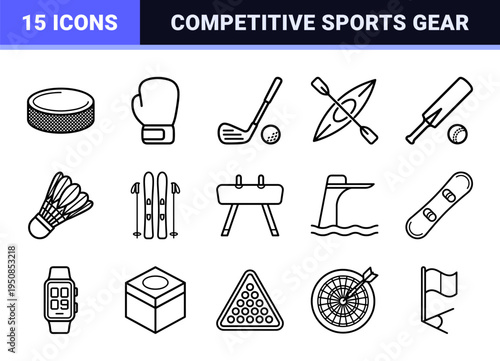 Monoline Athletics and Competition Equipment Symbols Featuring Sophisticated Minimalist Outlines for Digital Fitness Apps and Sports Branding