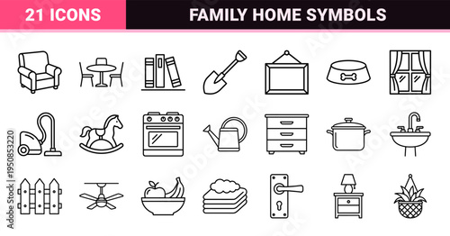 Domestic Life and Family Wellness Linear Symbols for Architectural Wayfinding and App Interface Design Featuring Monoline Technical Aesthetics