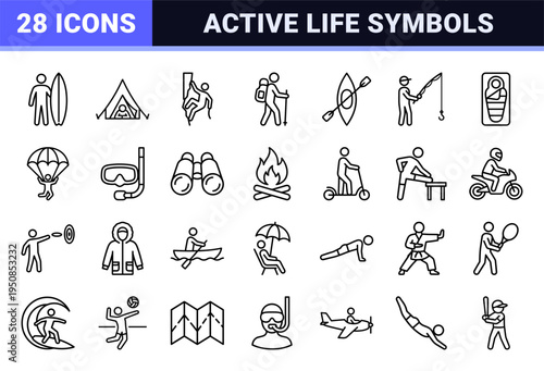 Outdoor Recreation and Active Lifestyle Monoline Symbols featuring Minimalist Athletic Figures and Adventure Equipment in Neo-Line Aesthetic