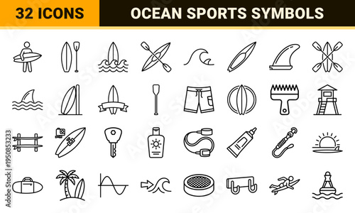 Professional Surfing and Stand Up Paddleboarding Gear Monoline Outline Symbols for Technical Equipment Graphics and Coastal Wayfinding Design