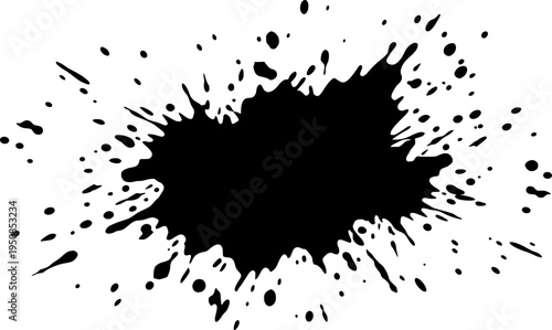 Black silhouette of puddle, a stain, dirt blot or blob. Paint, ink, black water with splashes and drops. Silhouette, shape, form. Stain of splashes, drops of a liquid. Isolated, vector illustration