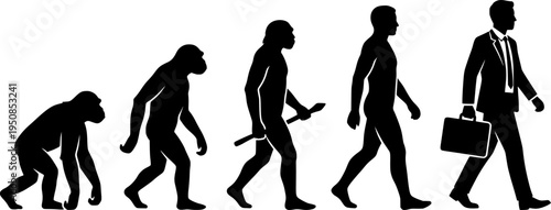 Evolution of man from ape to human using a laptop in black and white illustration showing progress
