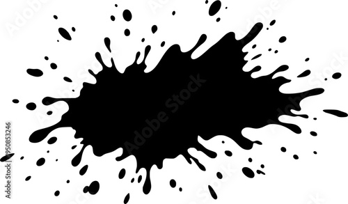 Black silhouette of puddle, a stain, dirt blot or blob. Paint, ink, black water with splashes and drops. Silhouette, shape, form. Stain of splashes, drops of a liquid. Isolated, vector illustration
