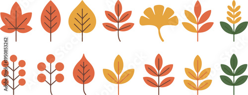 Autumn leaves set. Colorful flat icons & hand-drawn crayon doodle foliage. Fall season vector illustration