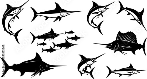 set of marlin fish line art, black outline, vector and illustration, coloring book page line art drawing
