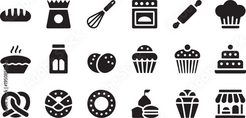 Bakery icon set. Dessert, pastry & kitchen tools symbol. Vector illustration