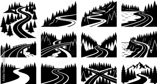 set of toy serene river curves with trees silhouette, black and white silhouette, vector and illustration

