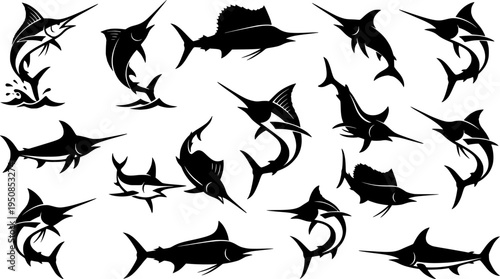 set of marlin fish line art, black outline, vector and illustration, coloring book page line art drawing
