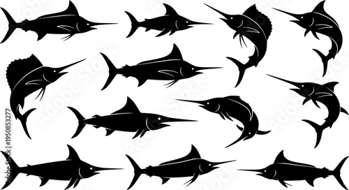 set of marlin fish line art, black outline, vector and illustration, coloring book page line art drawing
