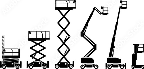 set of scissor lift machine silhouette, black and white silhouette, vector and illustration
