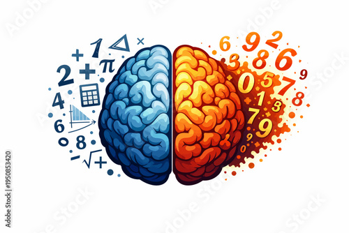 Brain illustration shows math and science symbols around hemispheres