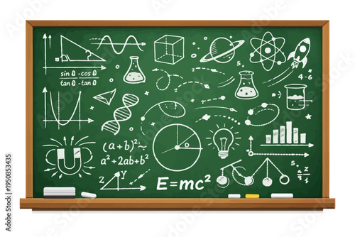 Science formulas and diagrams cover a green chalkboard in a classroom setting.