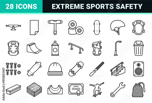 Extreme Sports Equipment and Skateboarding Lifestyle Monoline Outlines for Technical Design Projects and Commercial Interface Navigation