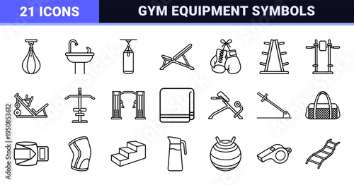 Professional Strength Training Equipment Monoline Outlines for Fitness Apps and Gym Signage Featuring Minimalist Black and White Athletic Symbols