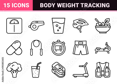 Minimalist Weight Scale and Wellness Monitoring Monoline Symbols for Health Tracking Apps and Medical User Interface Design