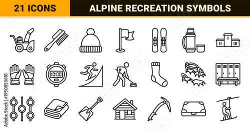Winter Sports and Alpine Recreation Outline Symbols featuring Technical Monoline Aesthetic for Professional Digital Interfaces and Signage