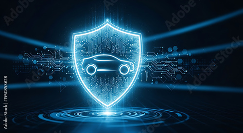 Cybersecurity shield with a car silhouette representing automotive safety on transparent background