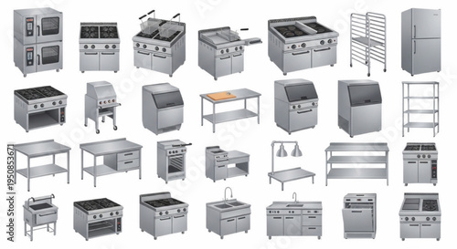Commercial Kitchen Equipment Vector Set – Stainless Steel Restaurant Appliances and Catering Cooking Tools Collection