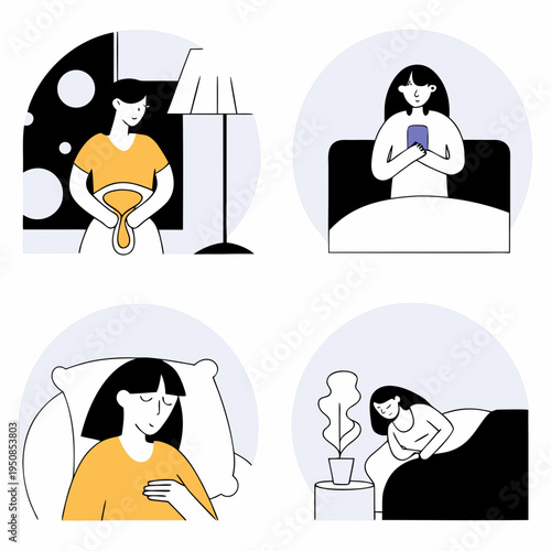 Illustrations of women experiencing menstrual cramps, finding comfort with hot water bottles, alongside symbols of female reproductive health and ... See More