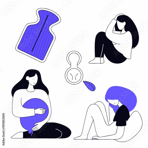 Illustrations of women experiencing menstrual cramps, finding comfort with hot water bottles, alongside symbols of female reproductive health and ... See More